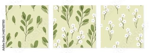 Branch of gentle flowers on a green background. Set of three seamless patterns.
