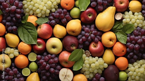  a close up of a bunch of fruit on a table with a bunch of fruit on the side of it.
