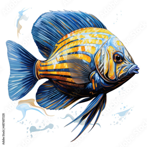 a colorful and striped tropical fish, isolated