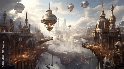 A steampunk-inspired cityscape with airships soaring above and steam rising from vents.