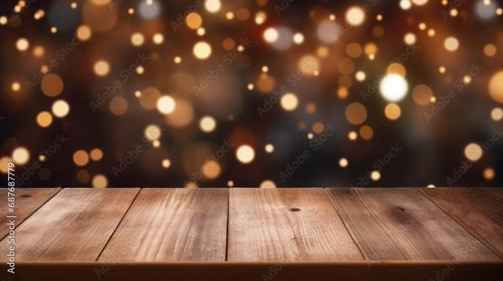 Empty wooden table top with Bokeh festive Christmas and New Years fairy lights. Festive theme. Stage for product design. Generative AI Empty wooden table top with Bokeh festive Christmas and New Years fairy lights. Festive theme. Stage for product design. Generative AI