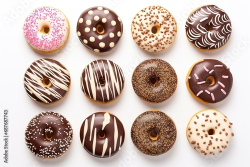 Set of 12 different colorful donuts isolated on white background. In glaze, with chocolate, with sprinkles, toppingt. View from above. photo