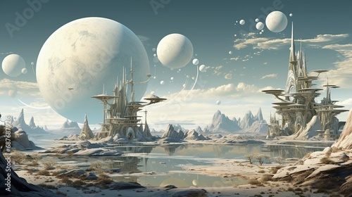 A surreal, alien desert with floating islands and a sky filled with multiple moons.