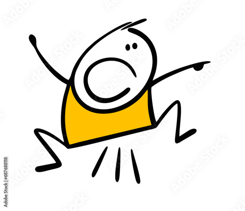 Funny startled stickman jumped in surprise. Vector illustration of small boy pointing with his finger, attracts attention. The horror on his face.