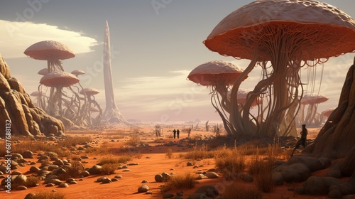 A surreal, alien desert with giant, luminous mushrooms dotting the landscape.