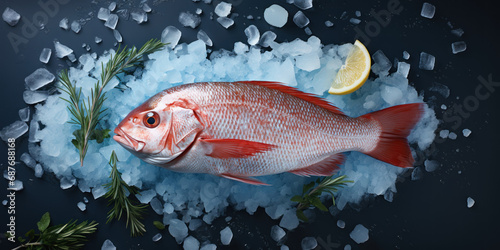 fresh sea fish on ice with rosemary and lemon