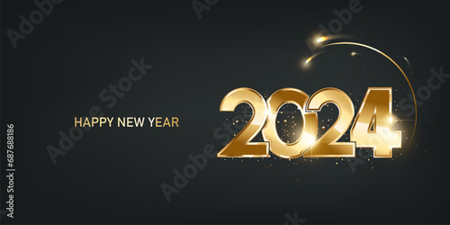 Happy new year 2024 background. Shiny golden numbers with confetti on black background. Holiday greeting card design. 