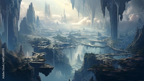 A surreal, alien landscape with floating islands and waterfalls cascading into the void.
