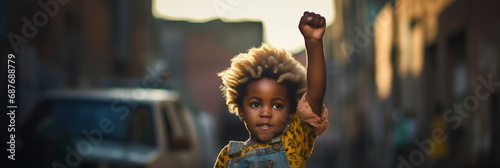 Black child is with their fist raised in the air. Crowd of people on background. Possibly at a protest or gathering.  photo