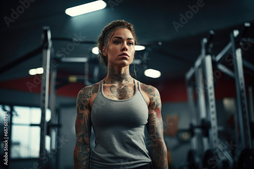 A woman with tattoos on her arms and chest is standing in a gym