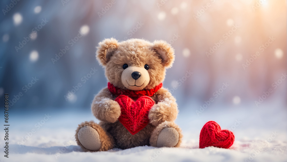 Cute teddy bear toy with hearts on a winter background