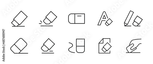 Eraser icon set. Wipe out, Containing trash, delete button, cancel, undo, throw line icons set, editable stroke isolated on white, linear vector outline illustration, symbol logo design style