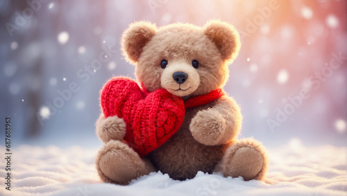 Cute teddy bear toy with hearts on a winter background