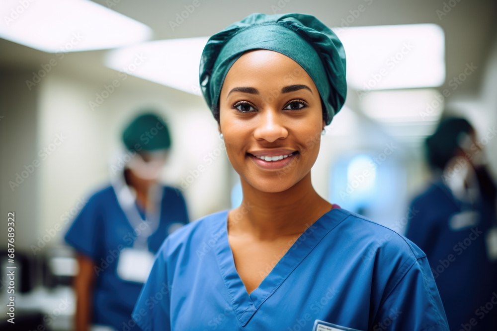 Fototapeta premium A smiling nurse wearing a green hat and scrubs