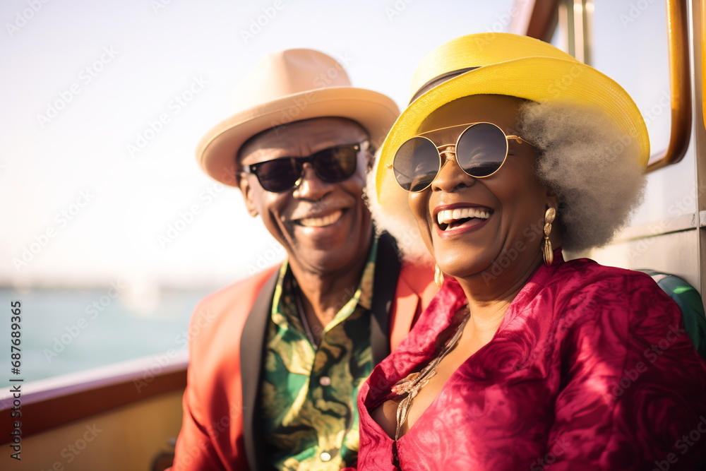 Two elderly happy persons sitting side by side on a bench on the deck of a ship. The ocean is calm with gentle waves, reflecting the colors of the setting sun. Two elderly happy persons sitting side by side on a bench on the deck of a ship. The ocean is calm with gentle waves, reflecting the colors of the setting sun.
