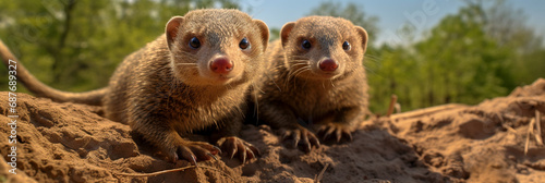 The two mongooses look curious as they discover the hidden wildlife camera in the outdoors. Beautiful panoramic animal portrait with selective focus, ideal as web banner or in social media