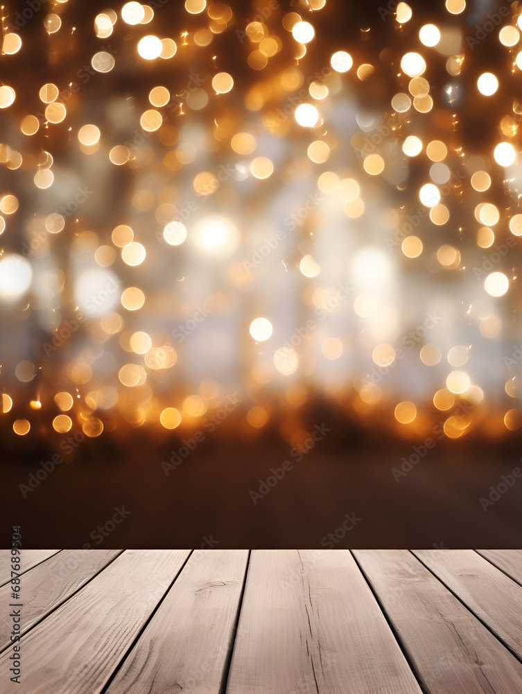 Empty mock up white wood table with blurred Christmas lights in background Empty mock up white wood table with blurred Christmas lights in background