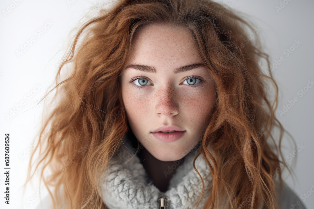 A woman with red hair and blue eyes looks at the camera A woman with red hair and blue eyes looks at the camera