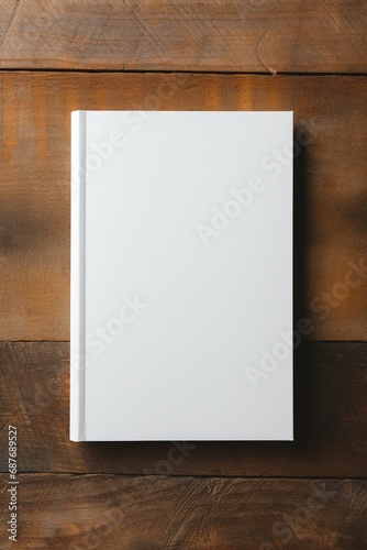 Blank book cover mockup, hardcover mock up of business literature on wood desk, office table. Top view