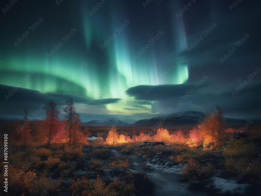 Fototapeta premium Northern Lights Spectacle: Witness the Mesmerizing Dance of Aurora Borealis in Scandinavian Skies