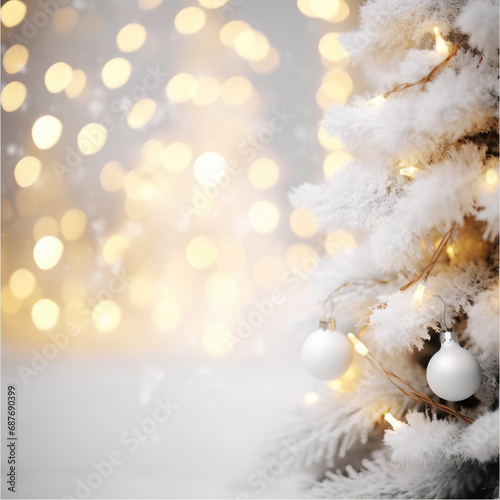 Blurred winter landscape with snowflakes and fir trees branches covered with frost wonderland  bokeh light. Winter mood. Snow covered branches in winter. AI Generative
