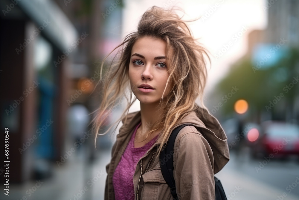 A woman wearing a hooded jacket and a backpack looks at the camera A woman wearing a hooded jacket and a backpack looks at the camera