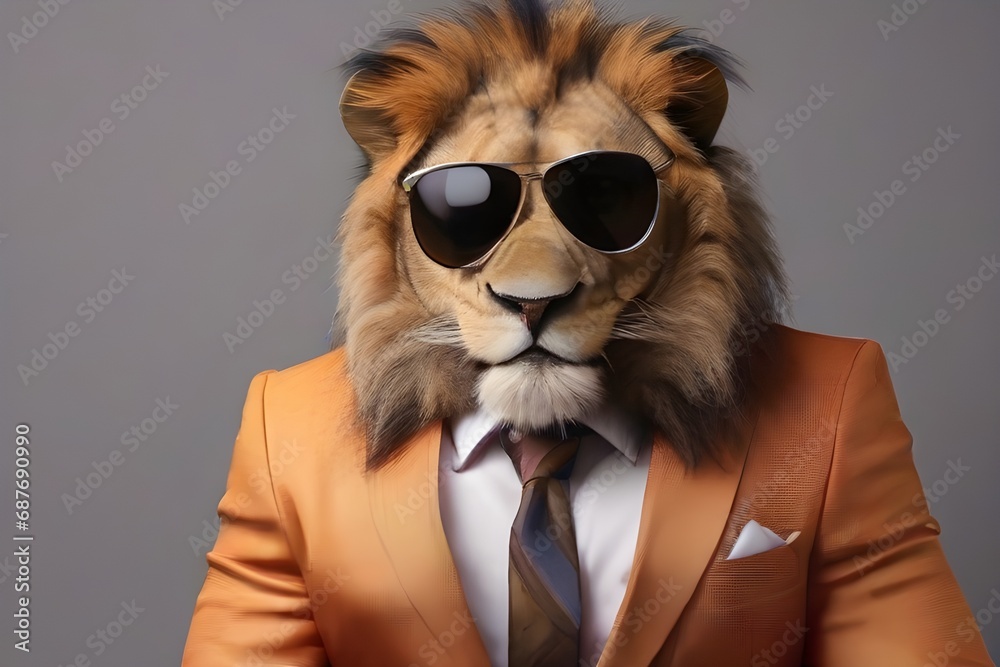 lion wearing glasses and a suit - obrazy, fototapety, plakaty 