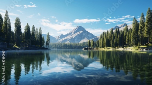 A tranquil mountain lake reflecting the surrounding forest under a clear blue sky with wispy clouds.
