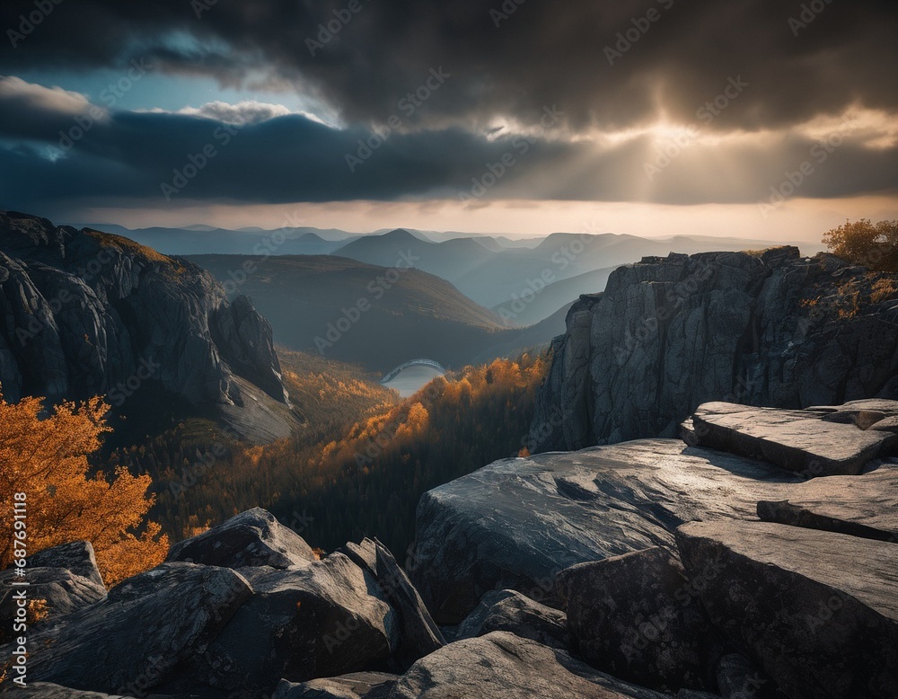 Beautiful cinematic mountain landscape with black marble and granite