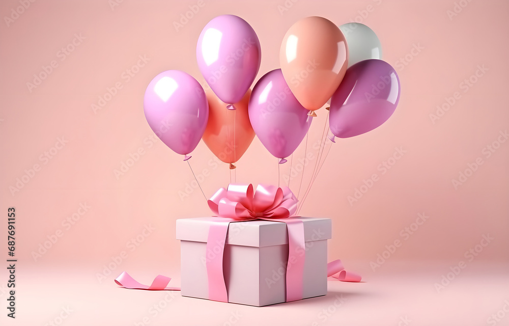 colorful bunch balloons with gift box flying on beige light boke