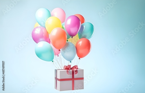 colorful bunch balloons with gift box flying on beige light boke