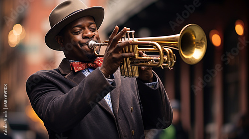 A trumpet player wearing a hat and playing a trumpet in a street. ai generative photo