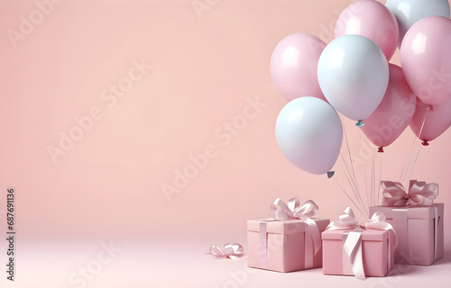 colorful bunch balloons with gift box flying on beige light boke © Oleksiy