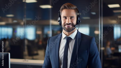 A professional man dressed in an elegant suit working as a call center manager. ai generative