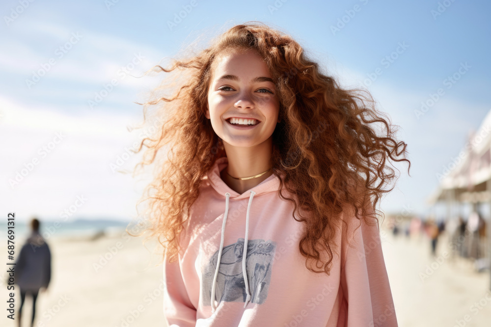 A woman wearing a pink hoodie with a picture of a woman on it