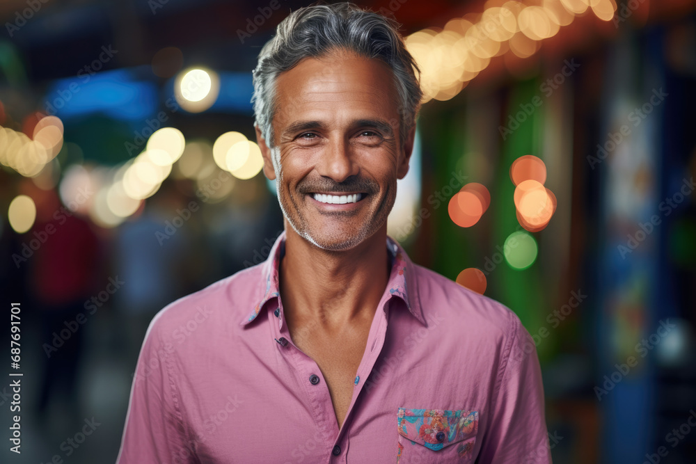 Obraz premium A man in a pink shirt smiles for the camera