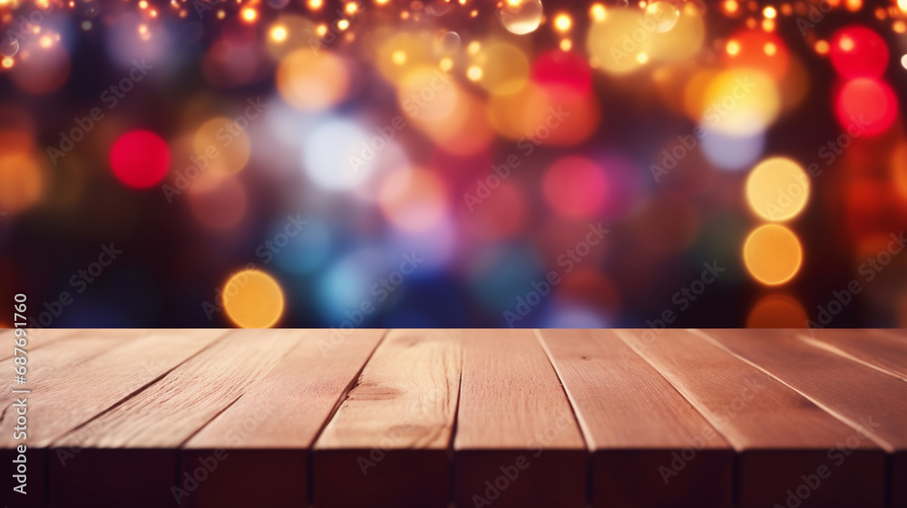 Empty wooden table top with bokeh festive colourful Christmas and New Years fairy lights. Festive theme. Stage for product design. Generative AI Empty wooden table top with bokeh festive colourful Christmas and New Years fairy lights. Festive theme. Stage for product design. Generative AI