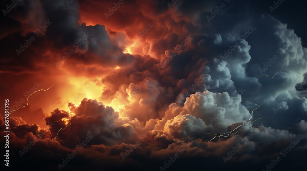 A dramatic cloudscape with stormy weather, capturing the intensity of nature with dark clouds, rain, and an orange sunset - obrazy, fototapety, plakaty 