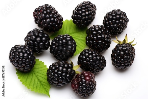 Closeup shot of fresh blackberries. Isolated on white background. photo