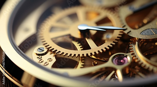 Vintage clock macro shot, illustrating mechanical details, gears, and precision in timekeeping