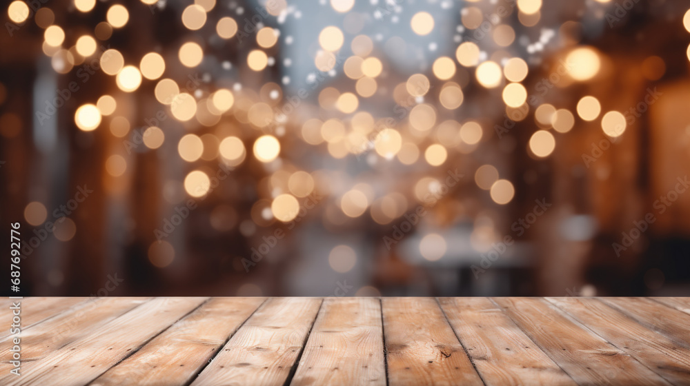 Empty wooden table top with bokeh festive Christmas fairy lights, Christmas tree and Christmas market. Festive theme. Stage for product design. Generative AI