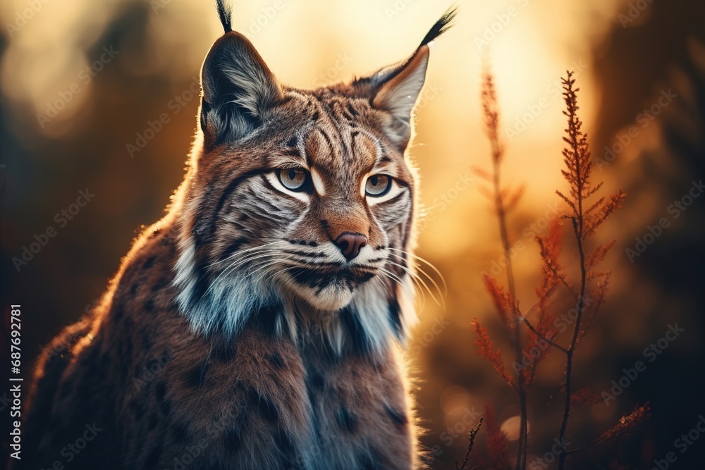 Fototapeta premium Portrait of a lynx (lynx canadensis) sitting in the forest hidden by the foliage and looking at the camera