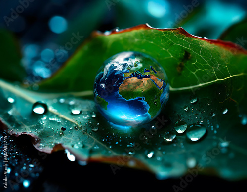 Macro shot of large Earth like drop on wet leaf photo