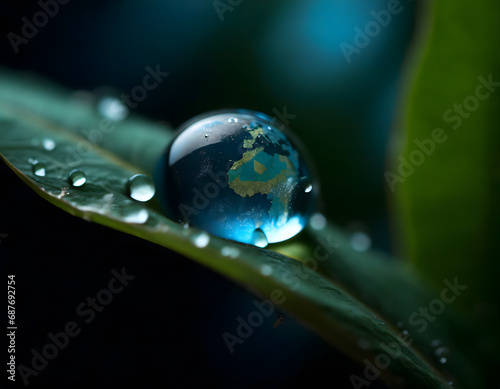 Macro shot of large Earth like drop on wet leaf photo