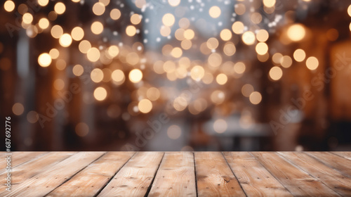 Empty wooden table top with bokeh festive Christmas fairy lights  Christmas tree and Christmas market. Festive theme. Stage for product design. Generative AI