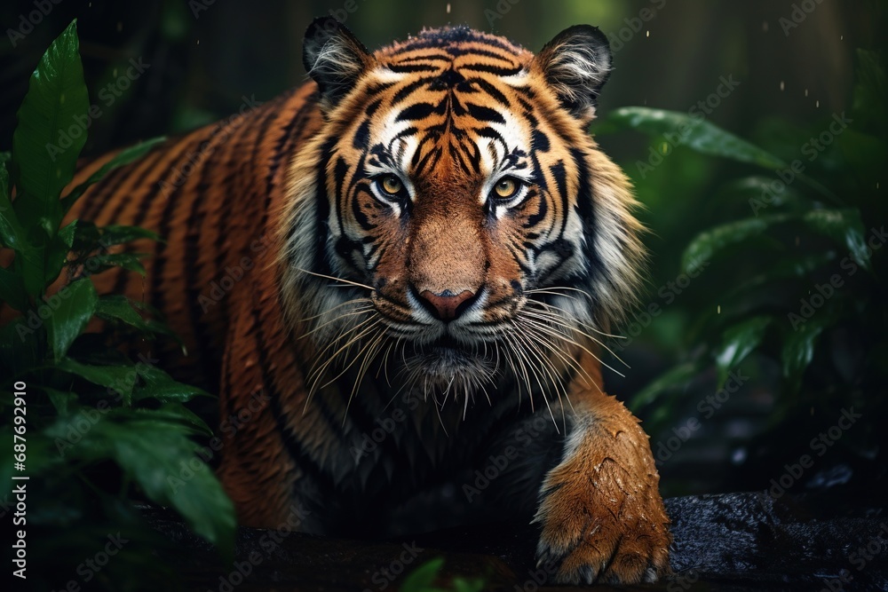 Fototapeta premium bengal tiger standing with bamboo bushes in background