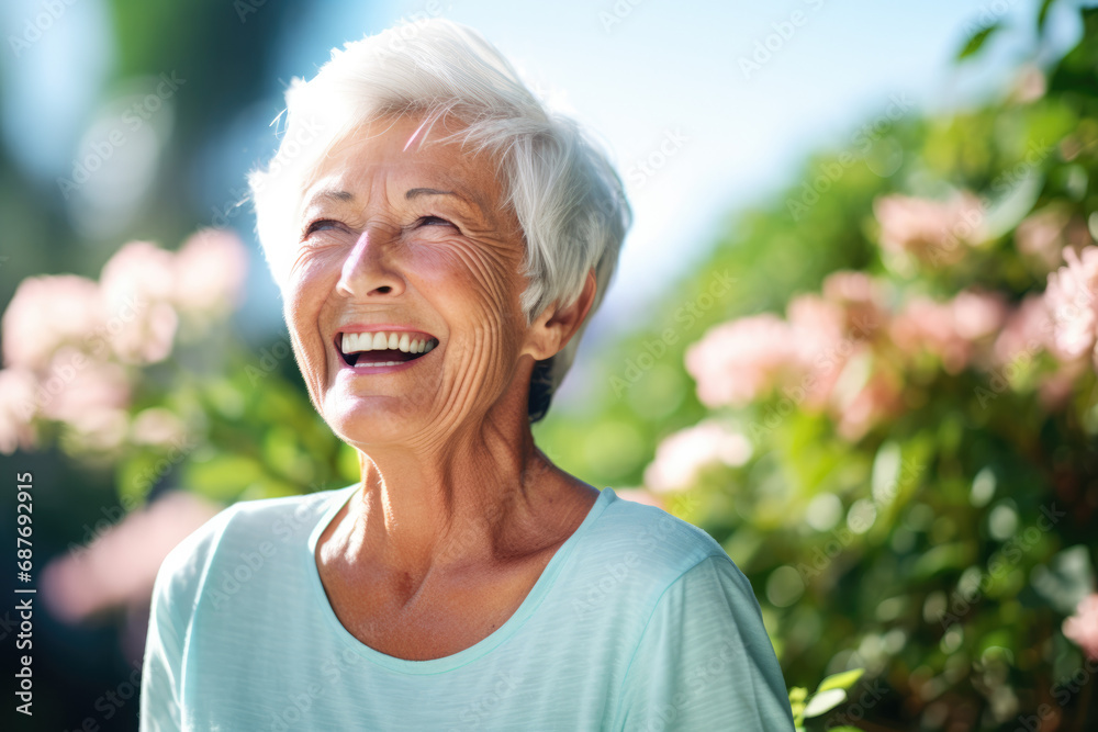 An elderly woman is smiling with flowers in the background An elderly woman is smiling with flowers in the background