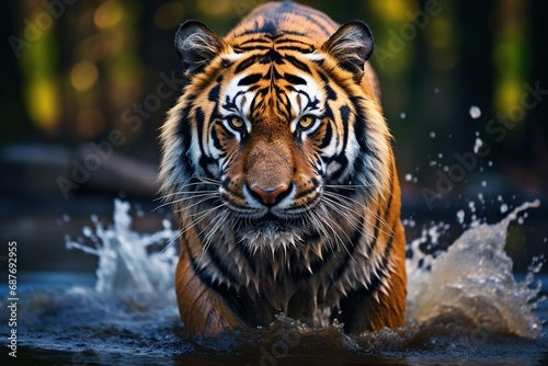 Siberian Tiger running in the water. Dangerous animal, tajga. Animal in green forest stream. Big paw in the water. photo