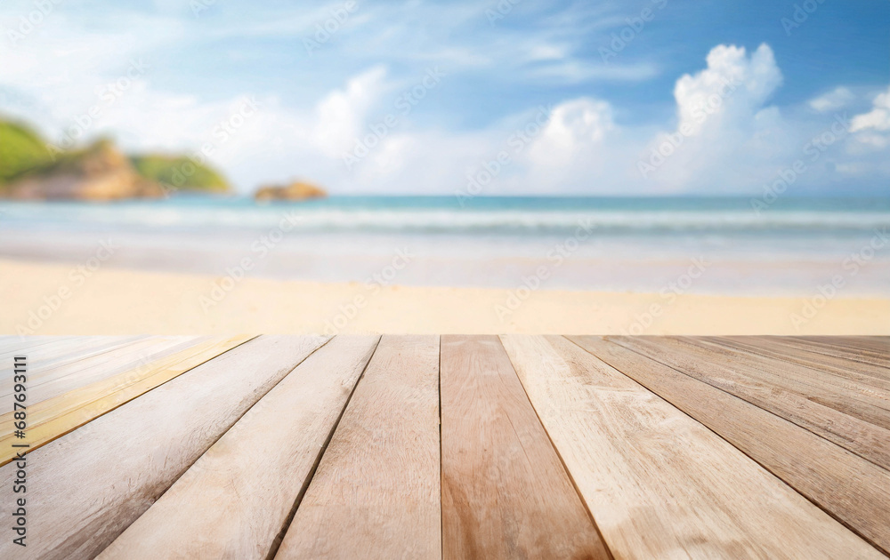 Blank wooden table with blurry beach background. ai generated . ai generated Blank wooden table with blurry beach background. ai generated . ai generated