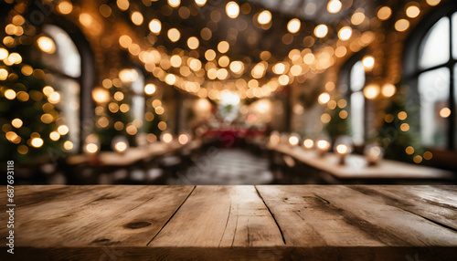 Empty wooden table with Christmas theme decoration in restaurant background . ai generated